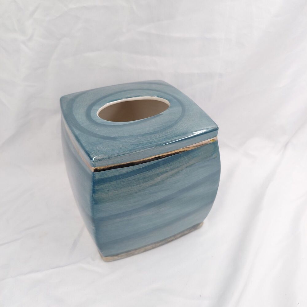 Nicole Miller New York Blue Ceramic Tissue Box Cover Square Brushstroke Silver